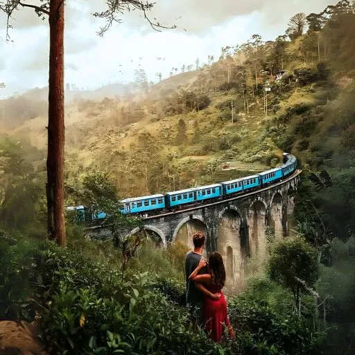 A vibrant landscape showcasing Sri Lanka's lush green tea plantations in the central highlands. The image captures a narrow, winding train traveling along the iconic Nine Arch Bridge, surrounded by dense jungle and misty hills. The sunlight filters through the greenery, creating a serene and captivating scene, symbolizing Sri Lanka's rich culture and natural beauty.