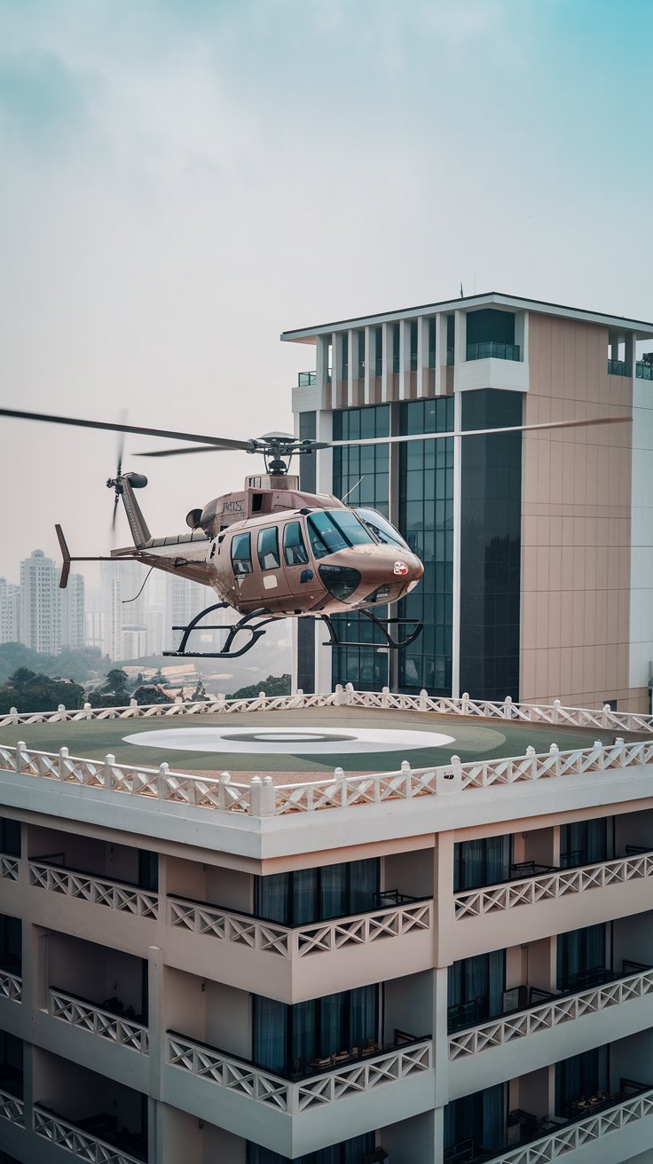 a medium shot of a helicopter landing on a rooftop